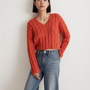 Madewell Cable-Knit V-Neck Crop Sweater roasted squash